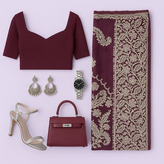 Hand Embroidered Wine Chikankari Saree- Awadhi Craftsmanship