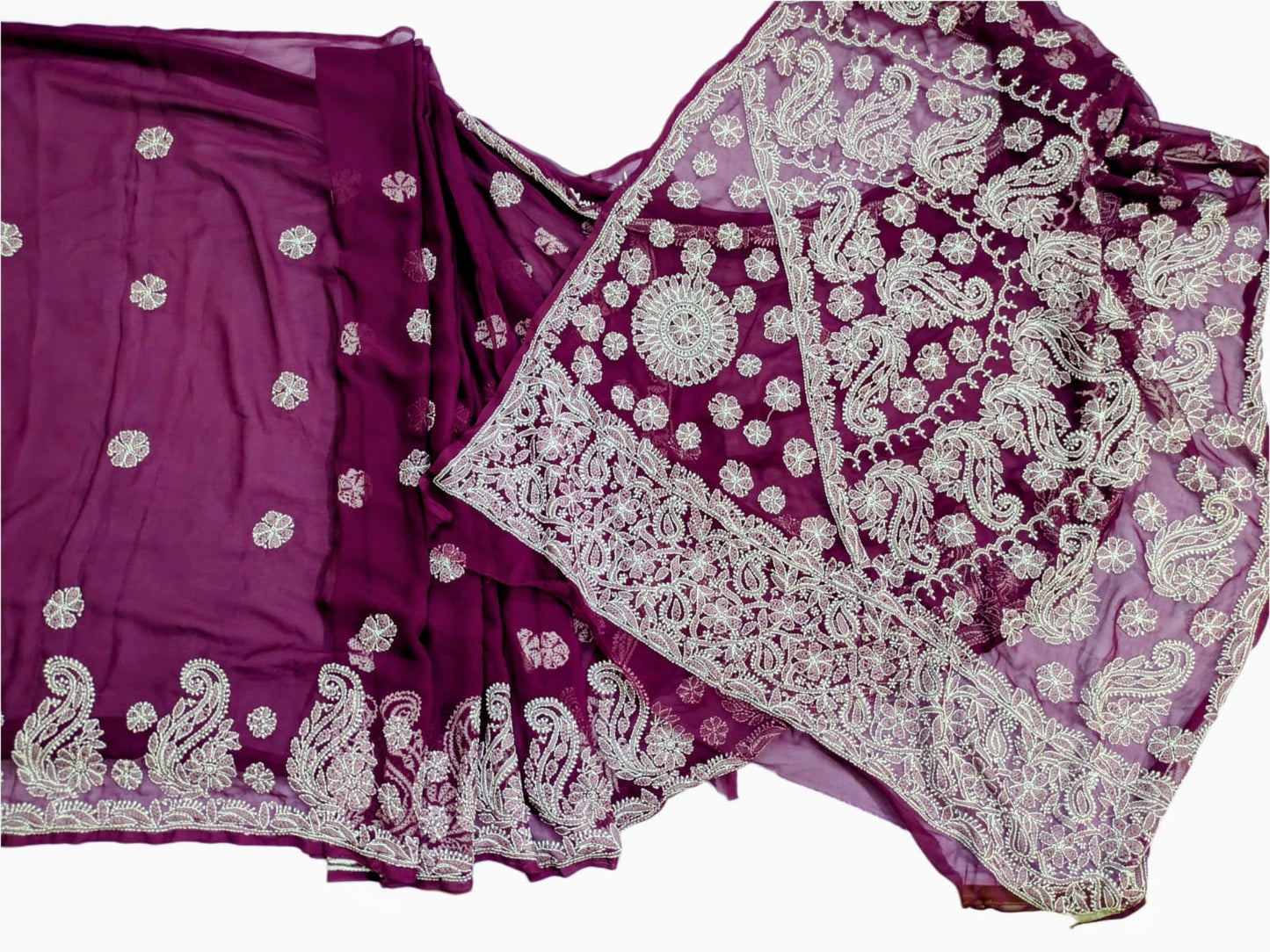 Hand Embroidered Wine Chikankari Saree- Awadhi Craftsmanship