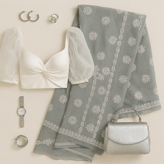 Hand Emroidered Grey Chikankari Sasree- Understated Grace