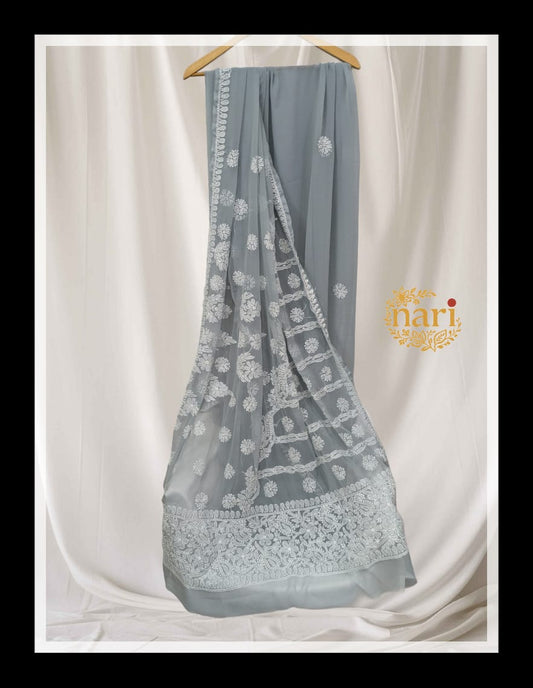 Hand Emroidered Grey Chikankari Sasree- Understated Grace