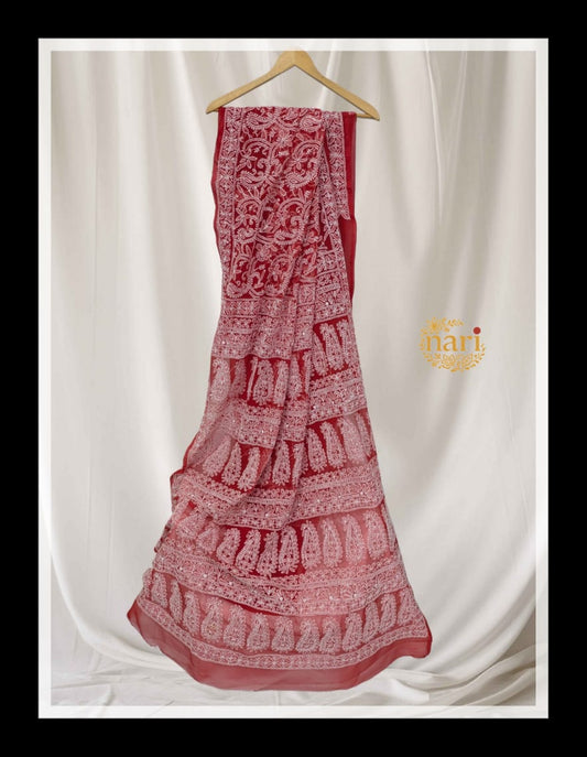 Hand embroidered Red Chikankari Saree- Threads of Tradition