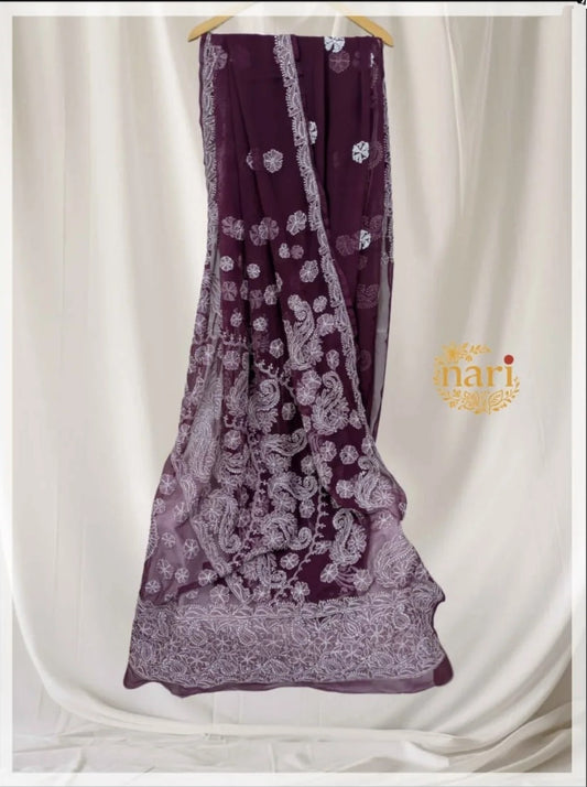 Hand Embroidered Wine Chikankari Saree- Awadhi Craftsmanship