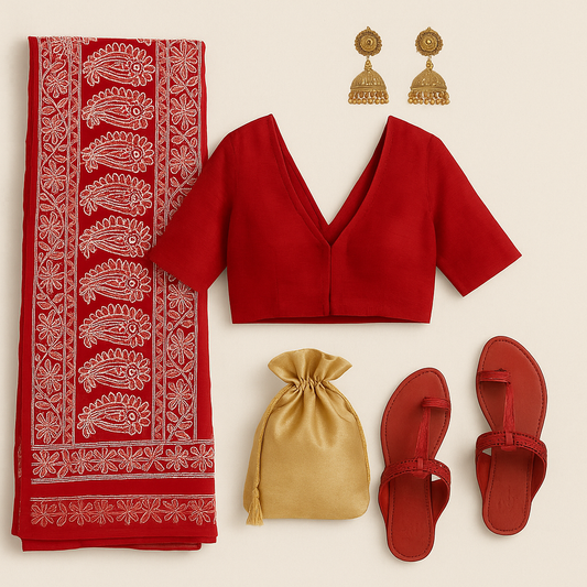 Hand embroidered Red Chikankari Saree- Threads of Tradition